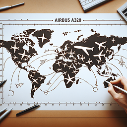 Map showing the global reach of the Airbus A320, with aircraft operating in all major continents